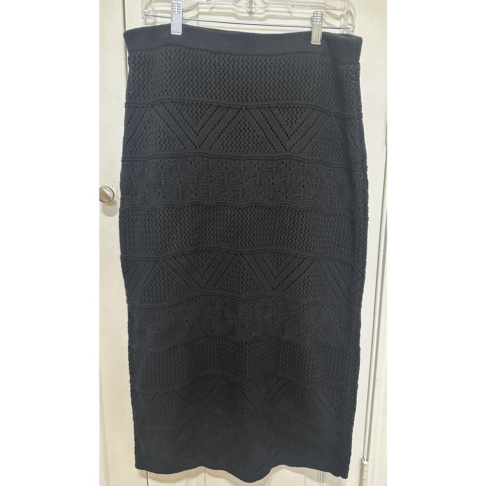 Haute Hippie Black Pointelle Knit Midi Skirt Sz L Chevron Boho Pencil Crochet